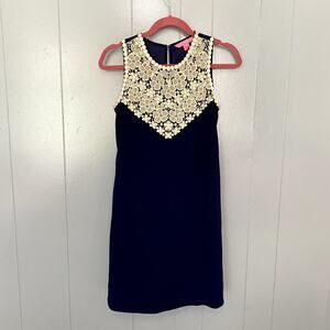 Lilly Pulitzer Navy Gold Nala Floral Lace Soft Sleeveless Shift Mini Dress 00